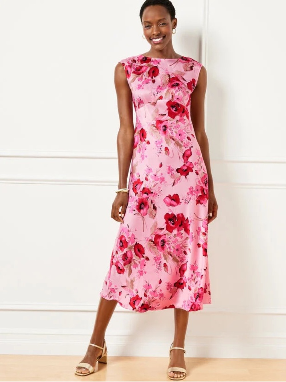 Talbots Pink Floral Midi Dress with Red Bloom Print